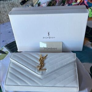 Yves Saint Laurent Quilted White Clutch with Gold Logo